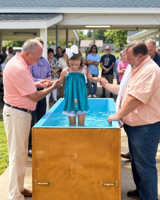 A child being supported by church leaders during an outdoor baptism
