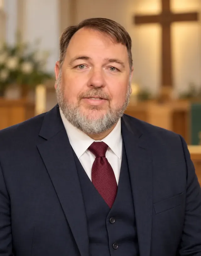 Pastor Jody Harrison smiling in a navy suit